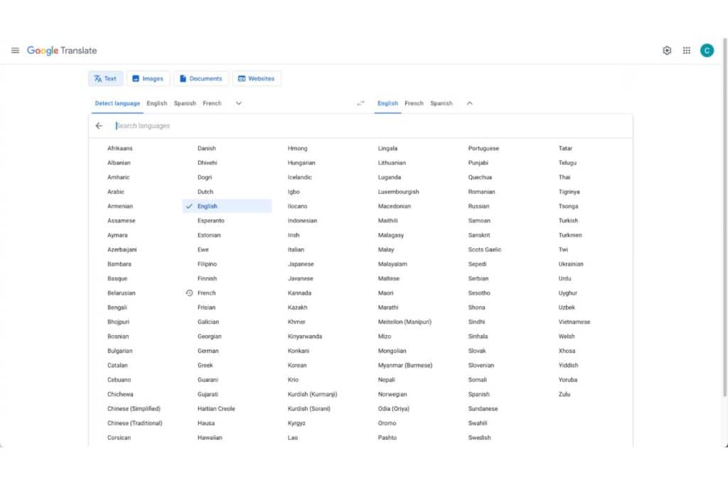 Google Translate language list