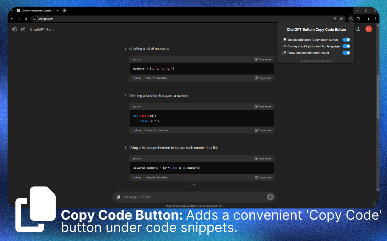 ChatGPT Copy Code Button & Statistics