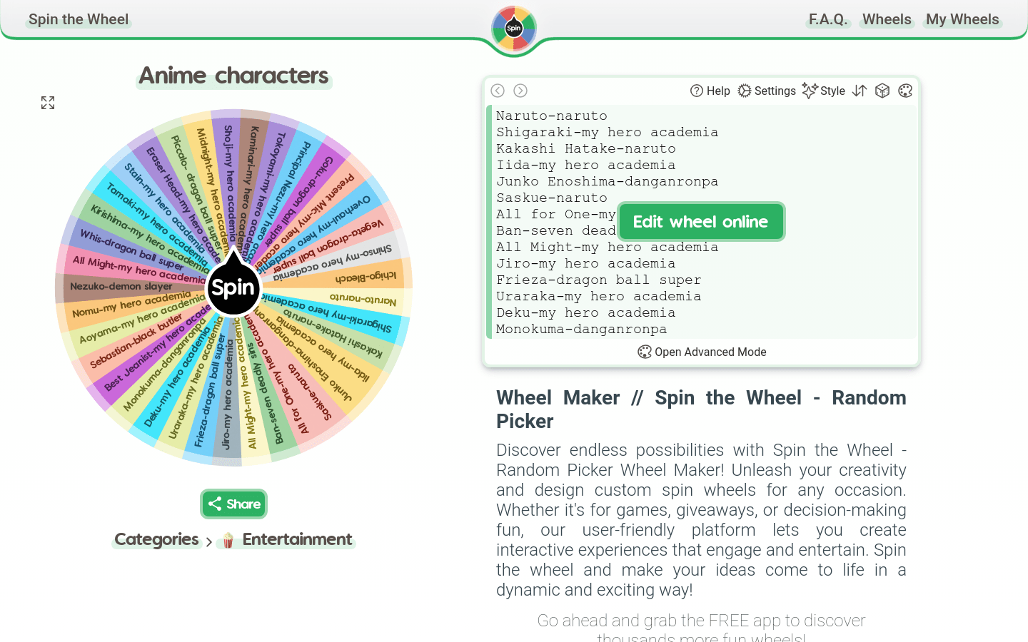 Anime characters  | Spin the Wheel