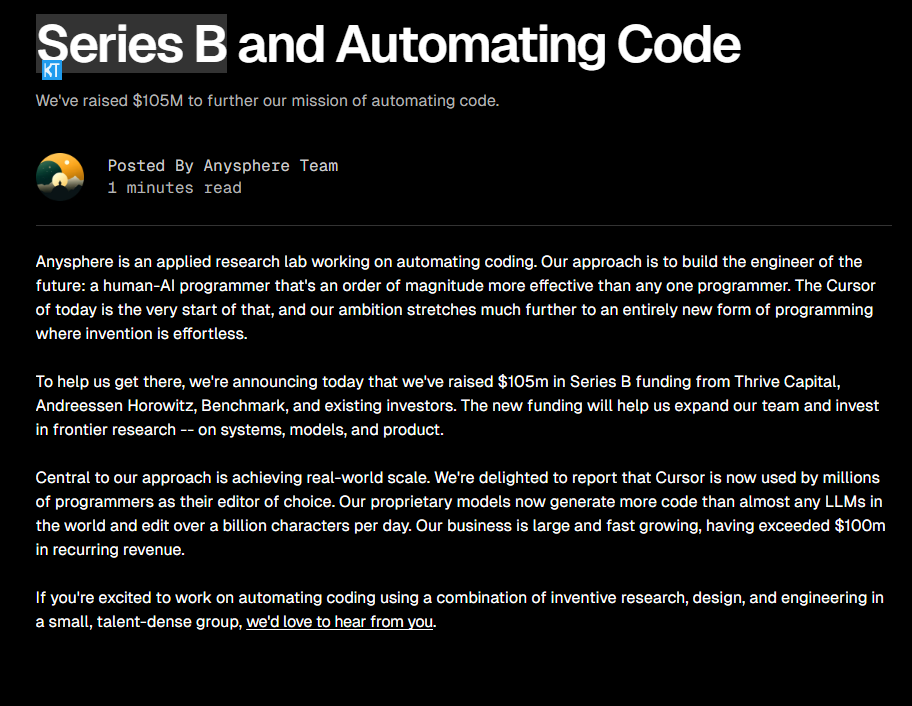 AI coding assistant Cursor raises $105 million in Series B round