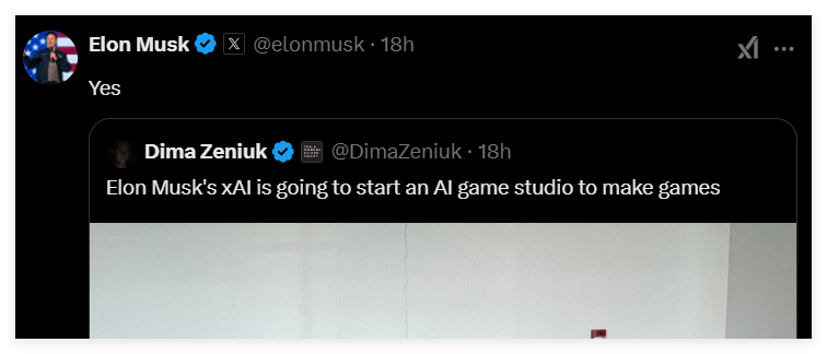 Musk confirmed his plan to set up an AI game studio and vowed to "make the game great again"