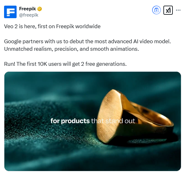 Google Veo2 AI video model first launched in Freepik, with free experience for the top 10,000 users