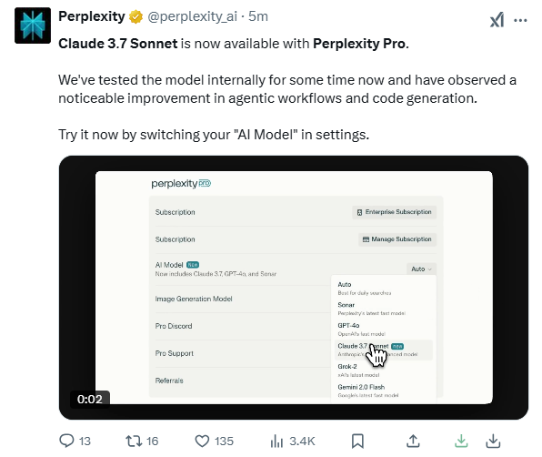Claude3.7 Sonnet integrates Perplexity Pro, greatly improving agent workflow and code generation capabilities