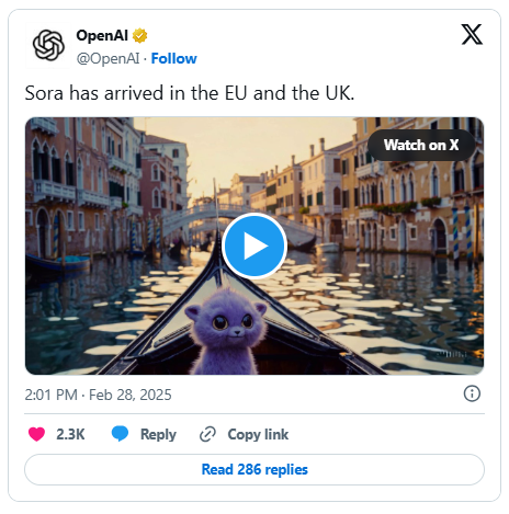 OpenAI Sora視頻生成模型正式上線歐洲