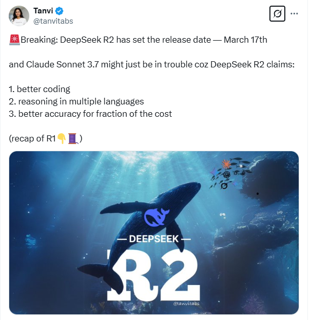 DeepSeek R2 is about to be released and may challenge Claude Sonnet 3.7's status