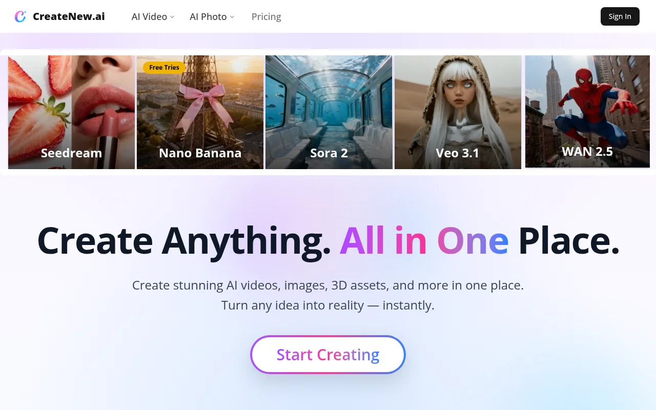CreateNew AI – Free AI Video, Image &amp; Creative Effects Generator